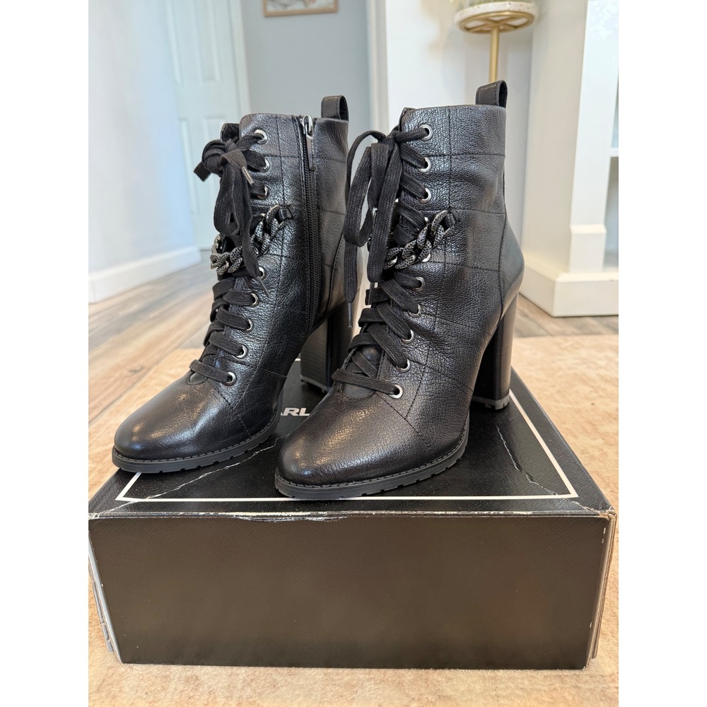 Karl Lagerfeld Paris Black Leather Chain Lace Up Block Heel Combat Boots